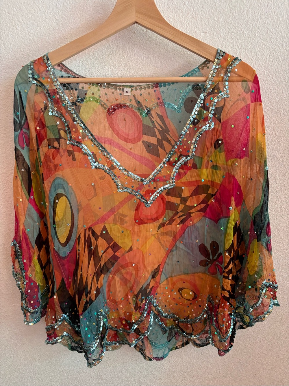 Sheer 100% Silk Beaded Abstract Print Women's Top in Orange Multi